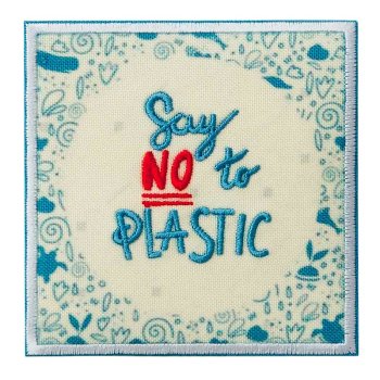 Recycl-Patch Say no to Plastic creme-blau-rot, 7,5 x 7,5 cm