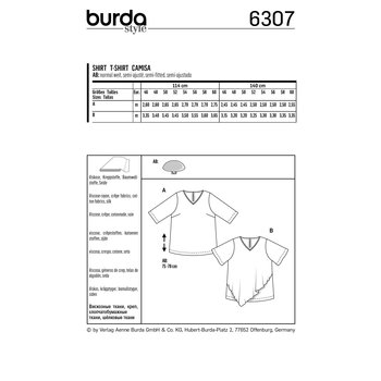 Burda 6307, Blusenshirt  – V-Ausschnit – mit asymmetrischem Überteil